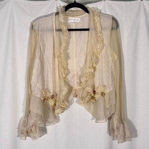 Pretty Angel Sheer Ruffled Cardigan w/ Pearls & Floral Appliqué